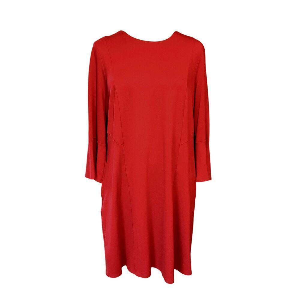 J. Jill Ponte Stretch Knit Maroon Dress. Bell 3/4 Sleeves. Pockets. Size Large